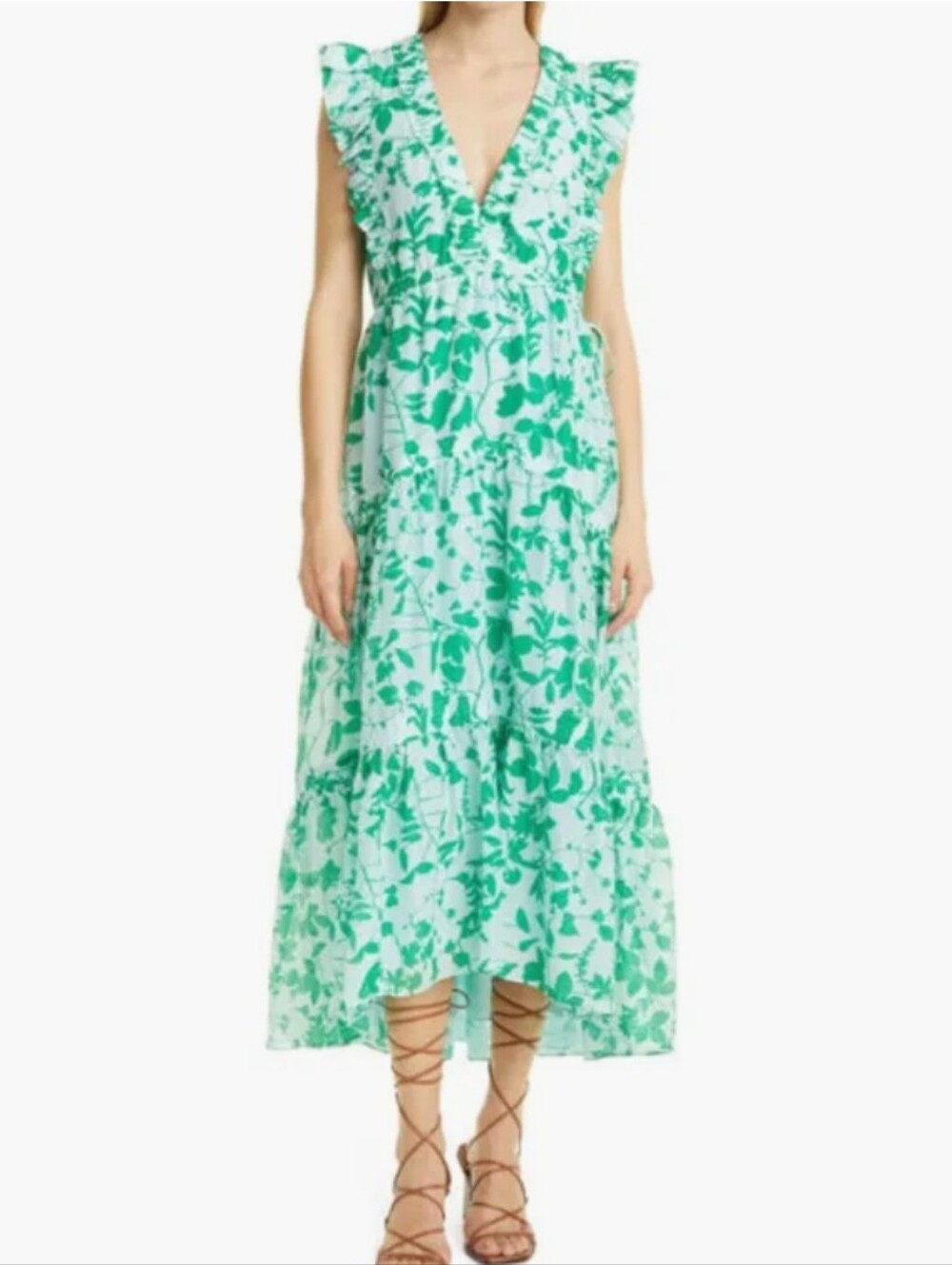 La Ligne Floral Ruffle Shoulder Sleeveless Voile Dress Pale Blue Kelly Green Lg